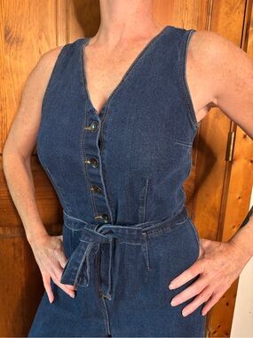 Universal Thread Dark Blue Denim Belted Button-Front Sleeveless Jumpsuit SO CUTE
